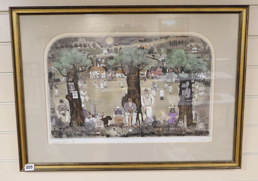 Graham Clarke (b. 1941), signed limited edition coloured etching, Quite Cricket, No. 113/400, 37 x 56cm